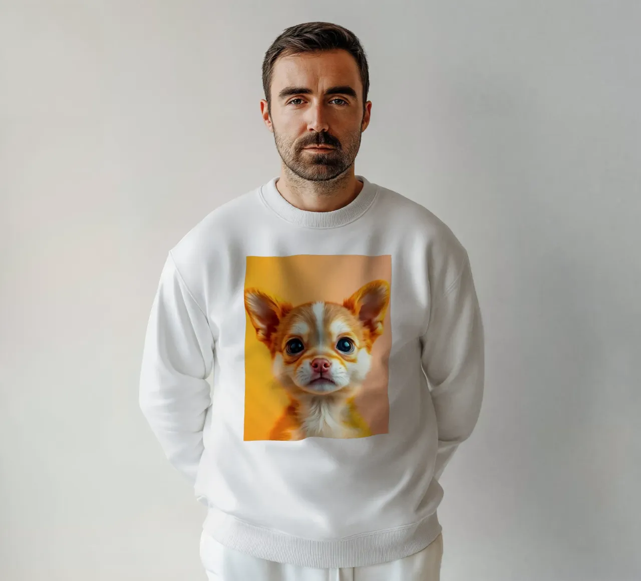 Un simpatico cucciolo di chihuahua con gli occhi grandi posa contro una vivace o felpa da DesignDoodle