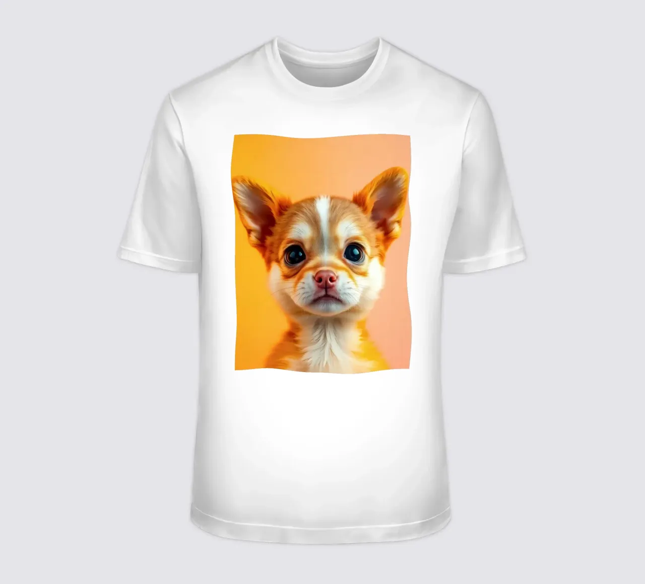 Un simpatico cucciolo di chihuahua con gli occhi grandi posa contro una vivace o t-shirt da DesignDoodle