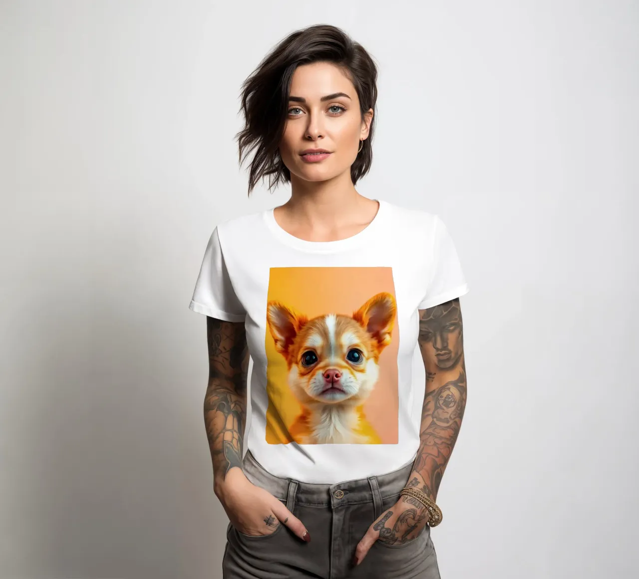 Un chiot chihuahua mignon avec de grands yeux pose sur un fond d'écran vibrant. t-shirt ajusté pour femmes de DesignDoodle