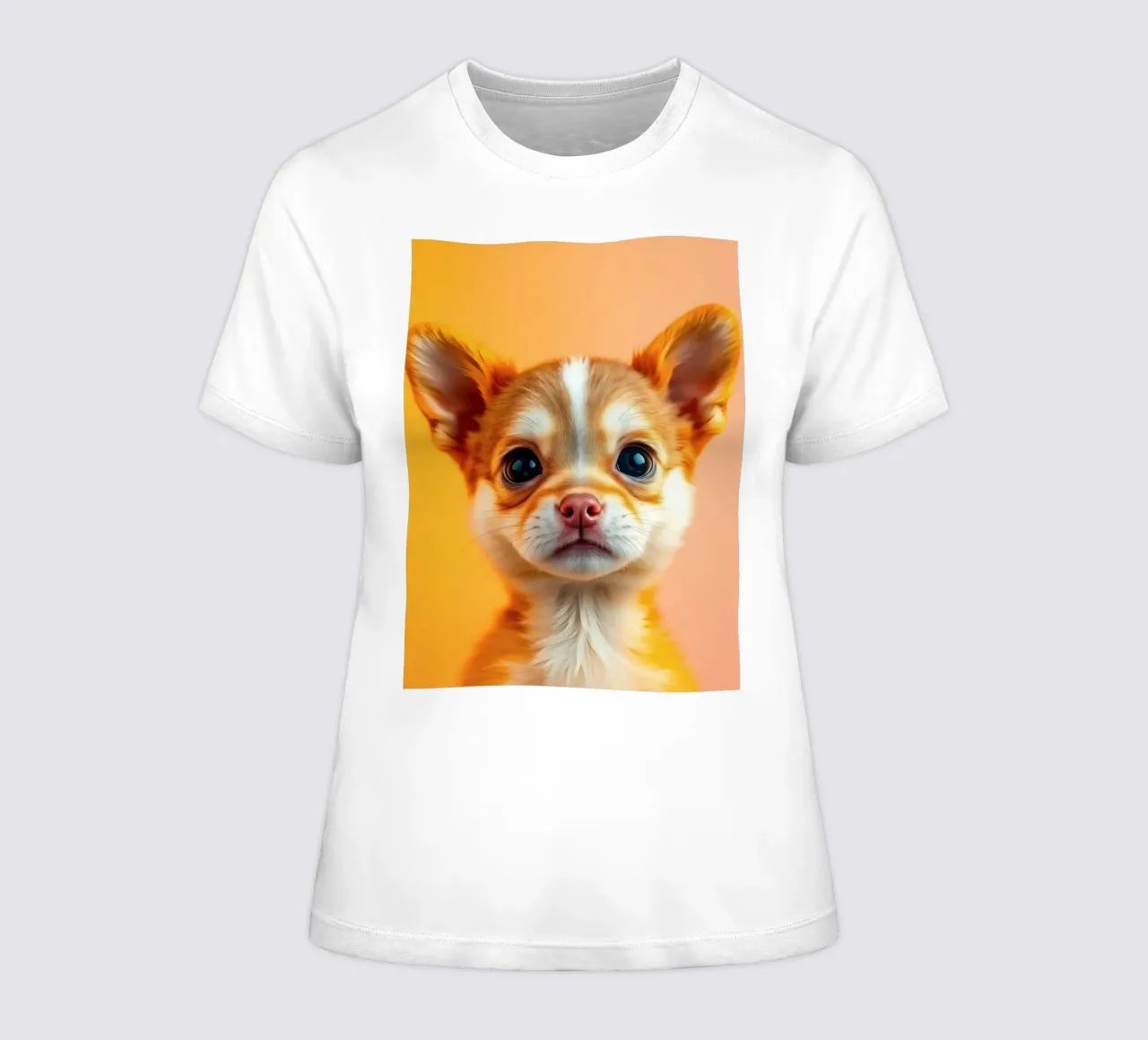 Un chiot chihuahua mignon avec de grands yeux pose sur un fond d'écran vibrant. t-shirt ajusté pour femmes de DesignDoodle