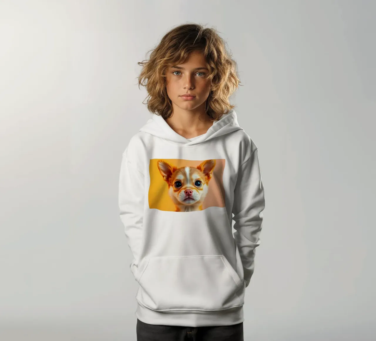 Un simpatico cucciolo di chihuahua con gli occhi grandi posa contro una vivace o felpa bambino con cappuccio da DesignDoodle