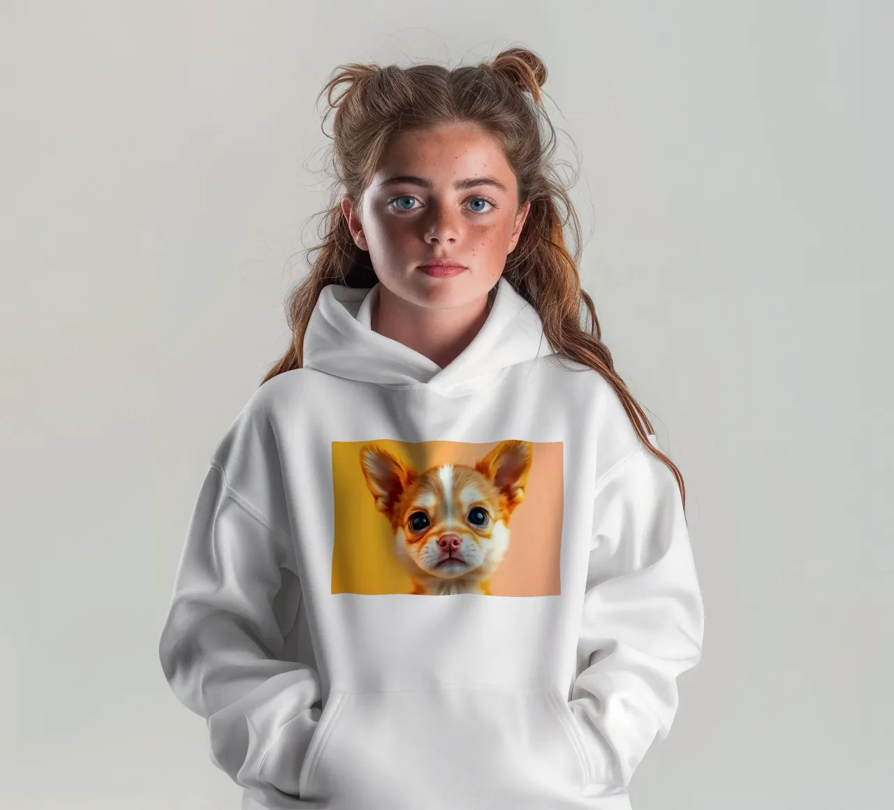 Un simpatico cucciolo di chihuahua con gli occhi grandi posa contro una vivace o felpa bambino con cappuccio da DesignDoodle