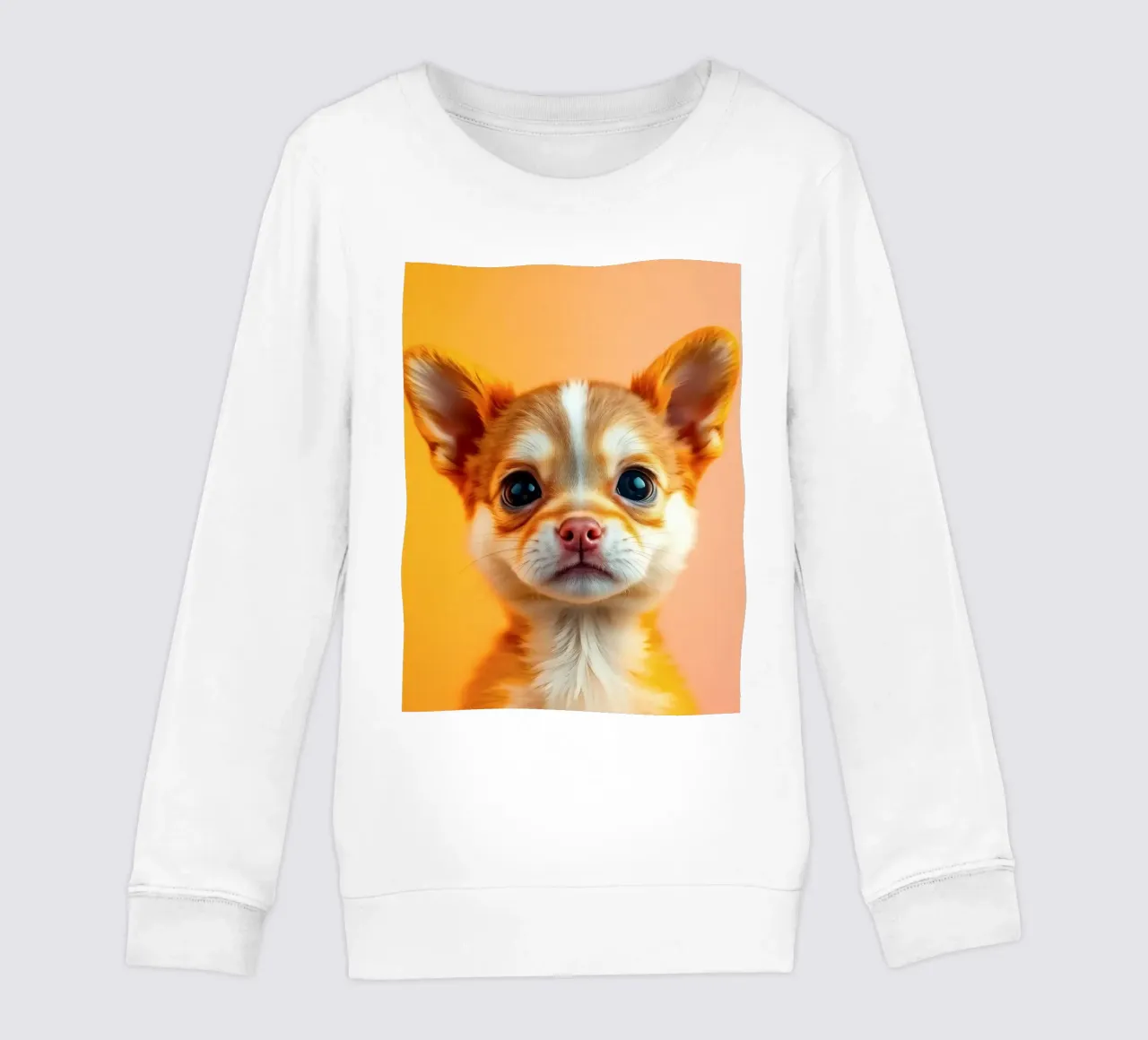 Un simpatico cucciolo di chihuahua con gli occhi grandi posa contro una vivace o felpa bambino da DesignDoodle