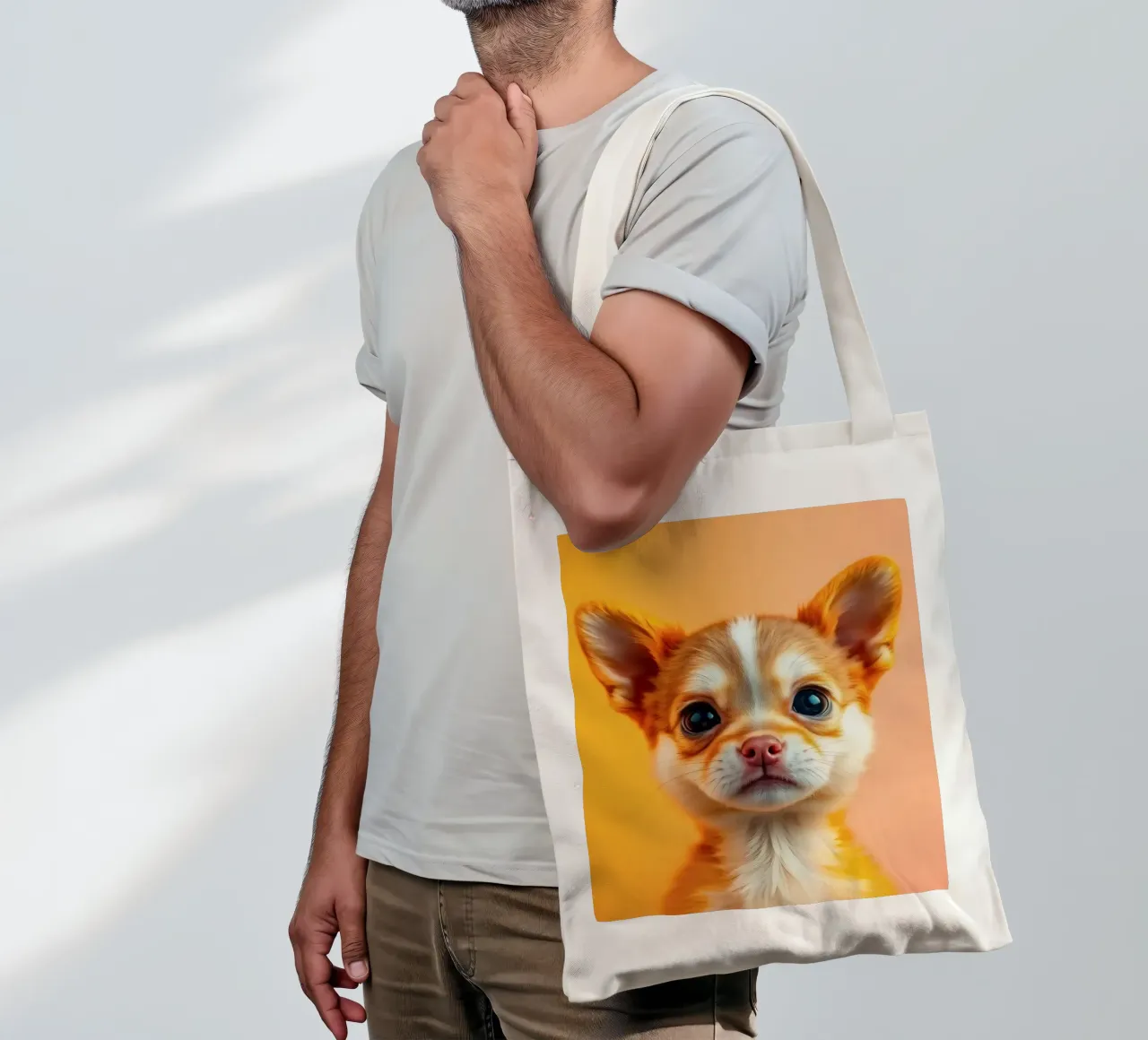 Un simpatico cucciolo di chihuahua con gli occhi grandi posa contro una vivace o borsa in juta da DesignDoodle