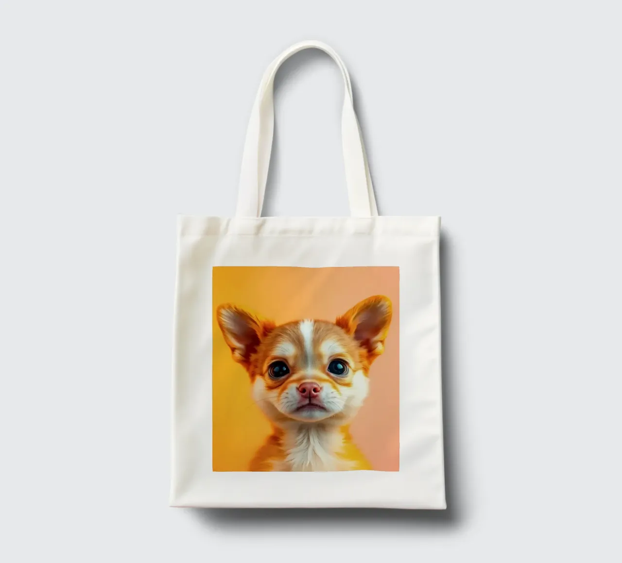 Un simpatico cucciolo di chihuahua con gli occhi grandi posa contro una vivace o borsa in juta da DesignDoodle