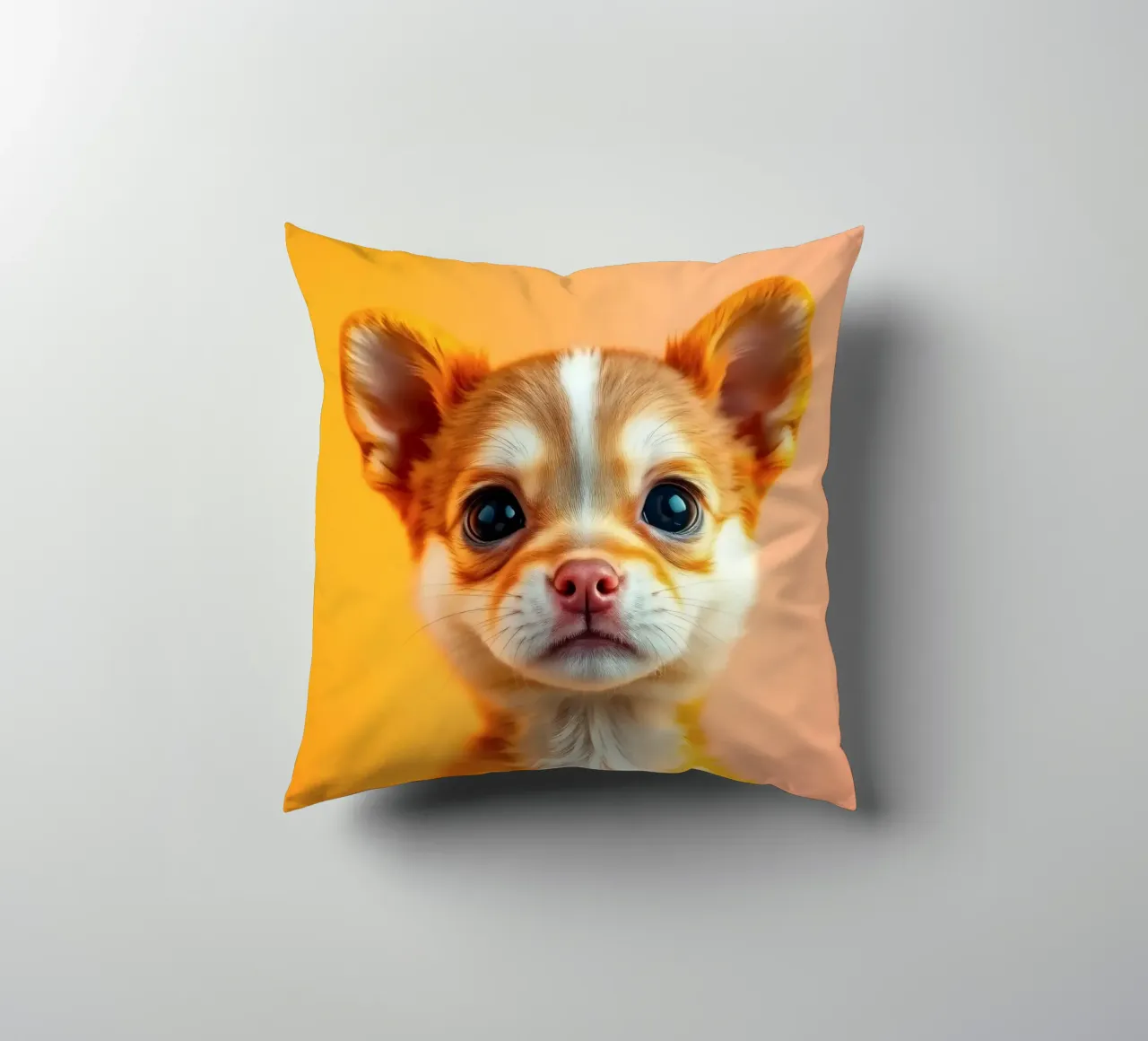 Un simpatico cucciolo di chihuahua con gli occhi grandi posa contro una vivace o cuscino da DesignDoodle