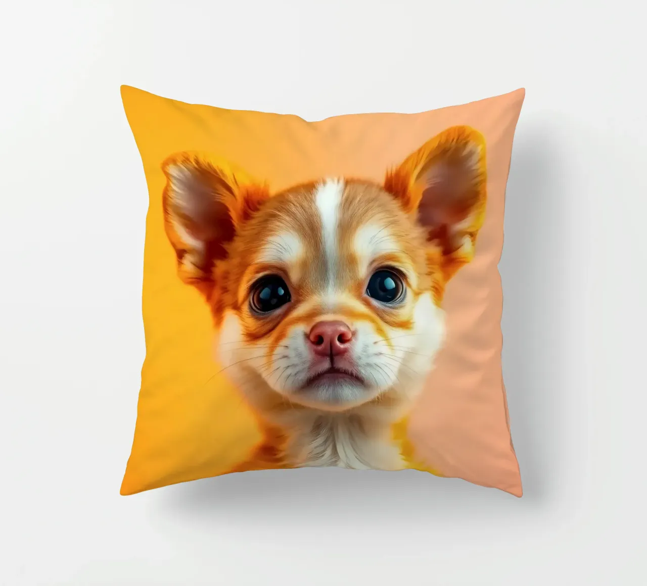 Un simpatico cucciolo di chihuahua con gli occhi grandi posa contro una vivace o cuscino da DesignDoodle