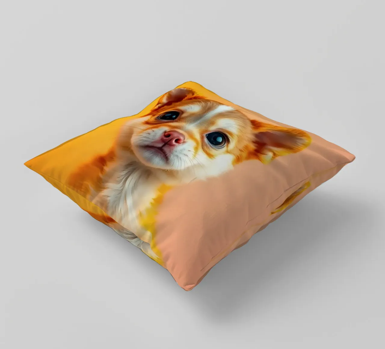 Un simpatico cucciolo di chihuahua con gli occhi grandi posa contro una vivace o cuscino da DesignDoodle