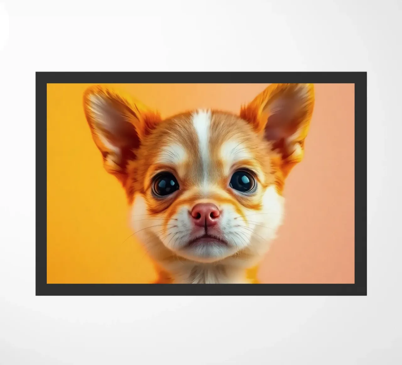 Un simpatico cucciolo di chihuahua con gli occhi grandi posa contro una vivace o zerbino da DesignDoodle