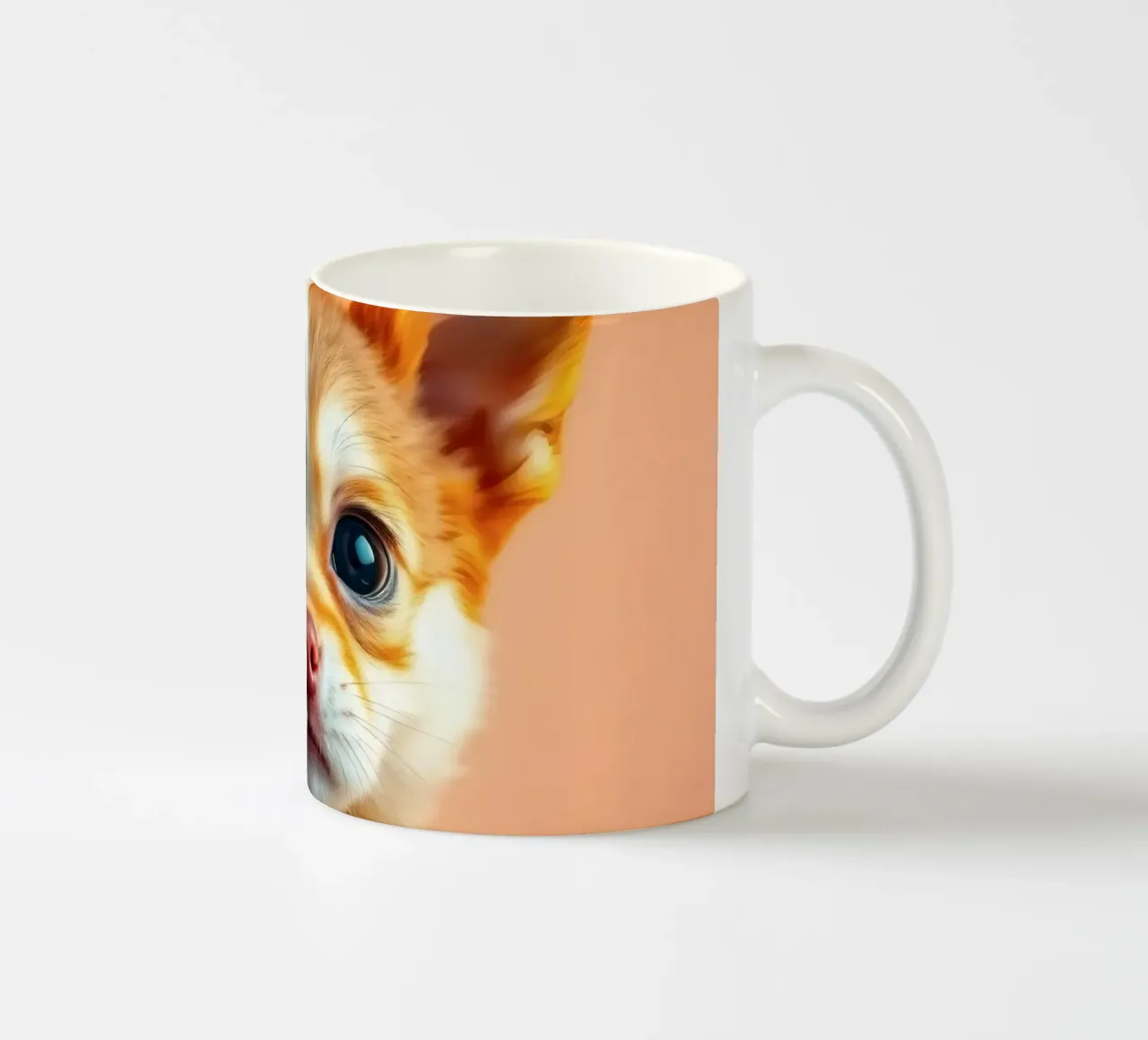 Un simpatico cucciolo di chihuahua con gli occhi grandi posa contro una vivace o tazza in ceramica da DesignDoodle