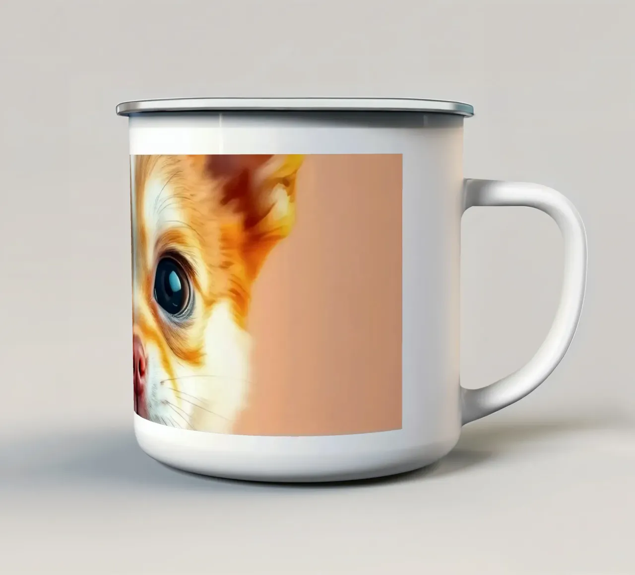 Un simpatico cucciolo di chihuahua con gli occhi grandi posa contro una vivace o tazza in smalto da DesignDoodle