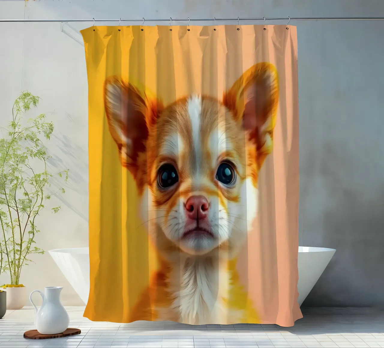 Un simpatico cucciolo di chihuahua con gli occhi grandi posa contro una vivace o tenda da doccia da DesignDoodle