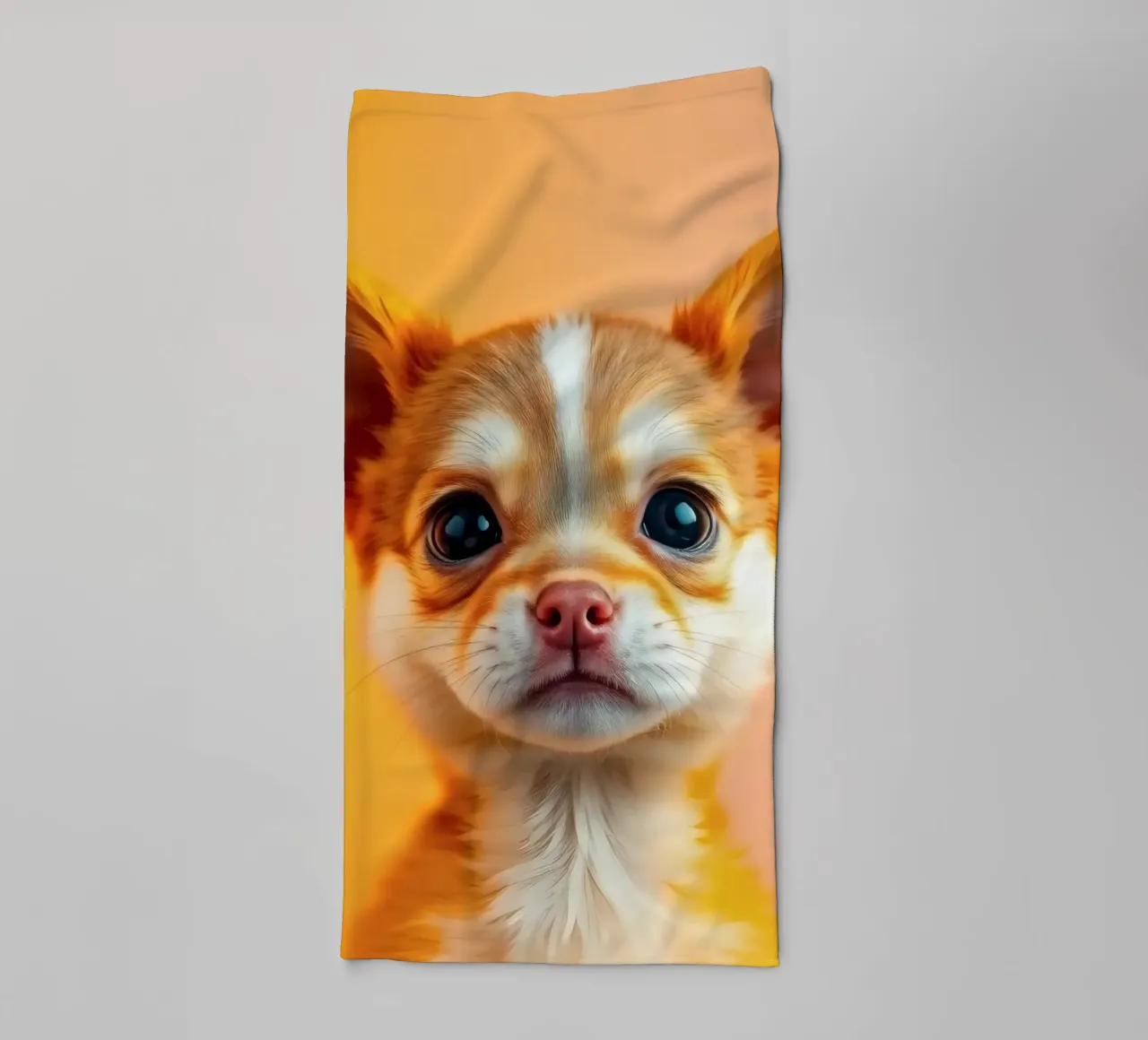 Un simpatico cucciolo di chihuahua con gli occhi grandi posa contro una vivace o asciugamano da bagno da DesignDoodle