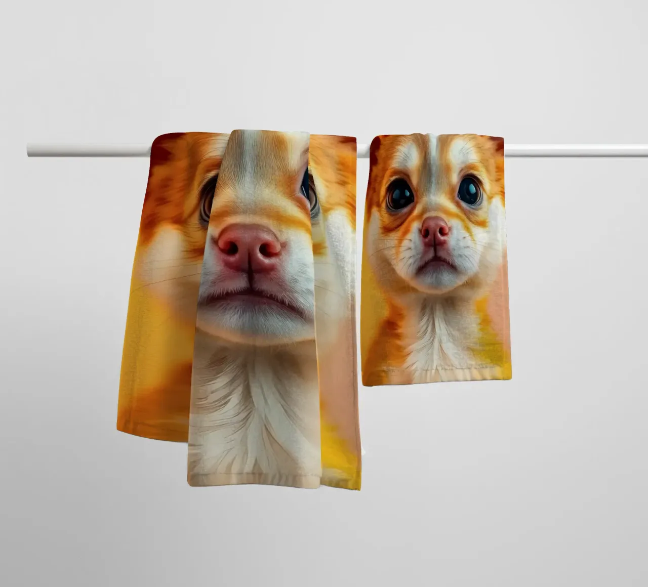 Un simpatico cucciolo di chihuahua con gli occhi grandi posa contro una vivace o asciugamano da bagno da DesignDoodle