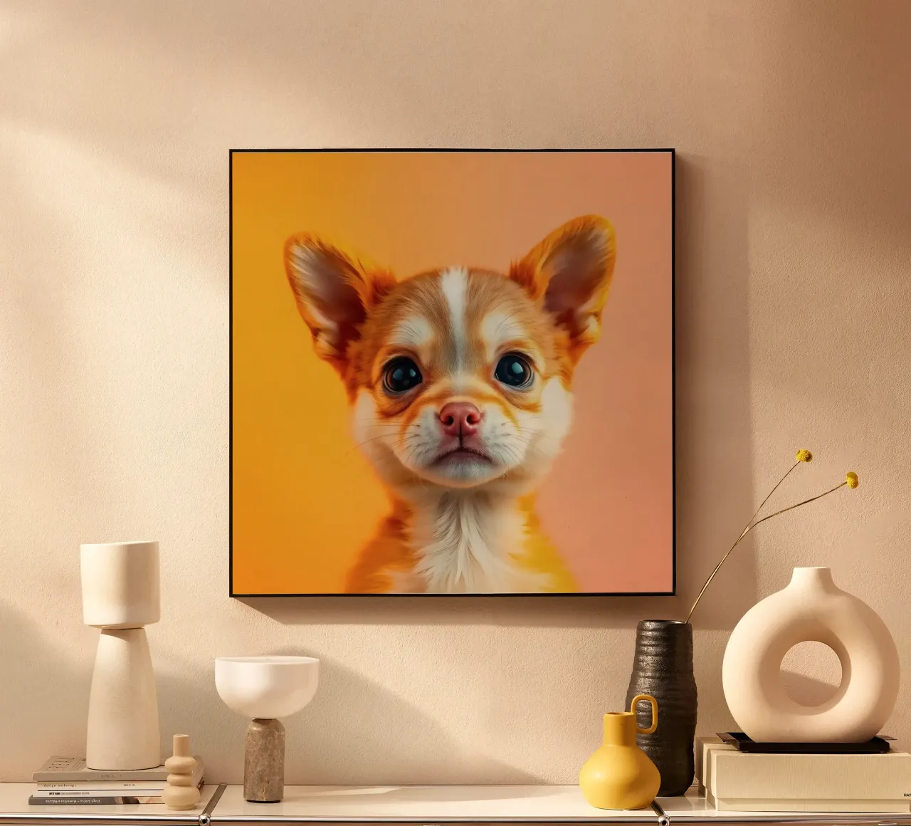Un simpatico cucciolo di chihuahua con gli occhi grandi posa contro una vivace o plexiglass da DesignDoodle