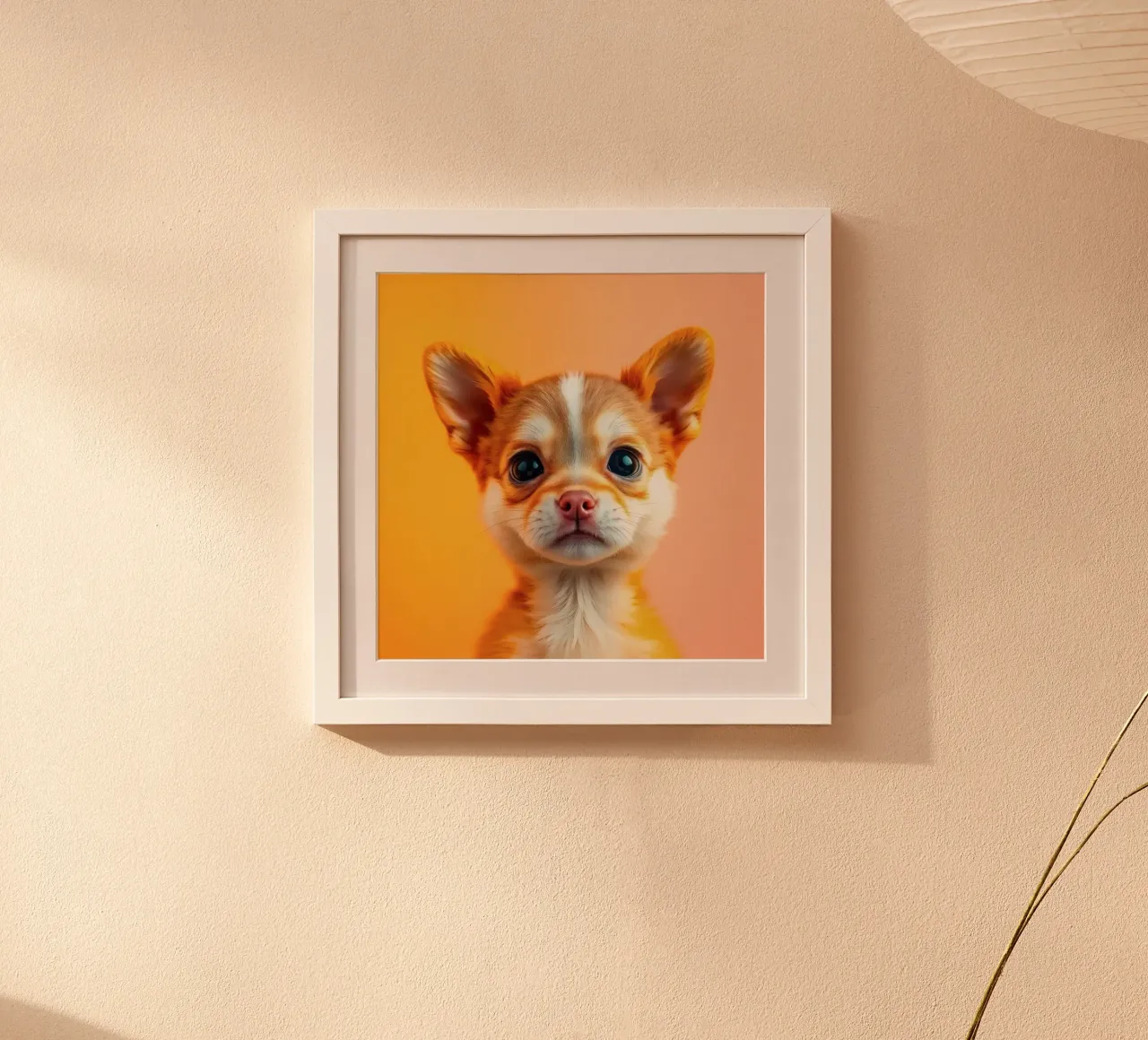 Un simpatico cucciolo di chihuahua con gli occhi grandi posa contro una vivace o poster con telaio in plastica da DesignDoodle