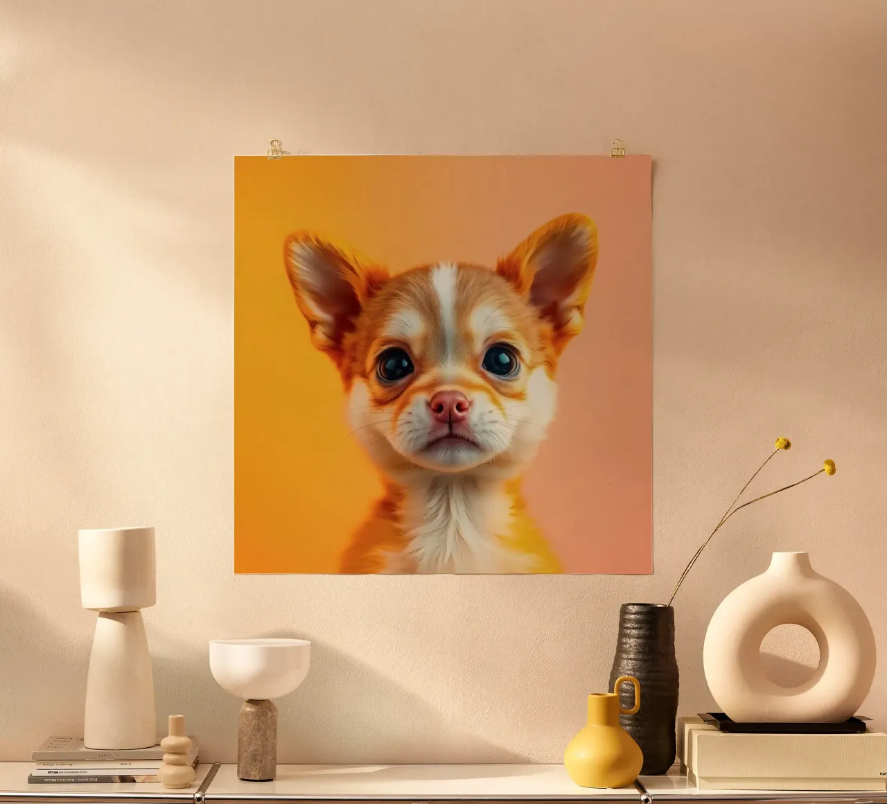 Un simpatico cucciolo di chihuahua con gli occhi grandi posa contro una vivace o poster con telaio in plastica da DesignDoodle
