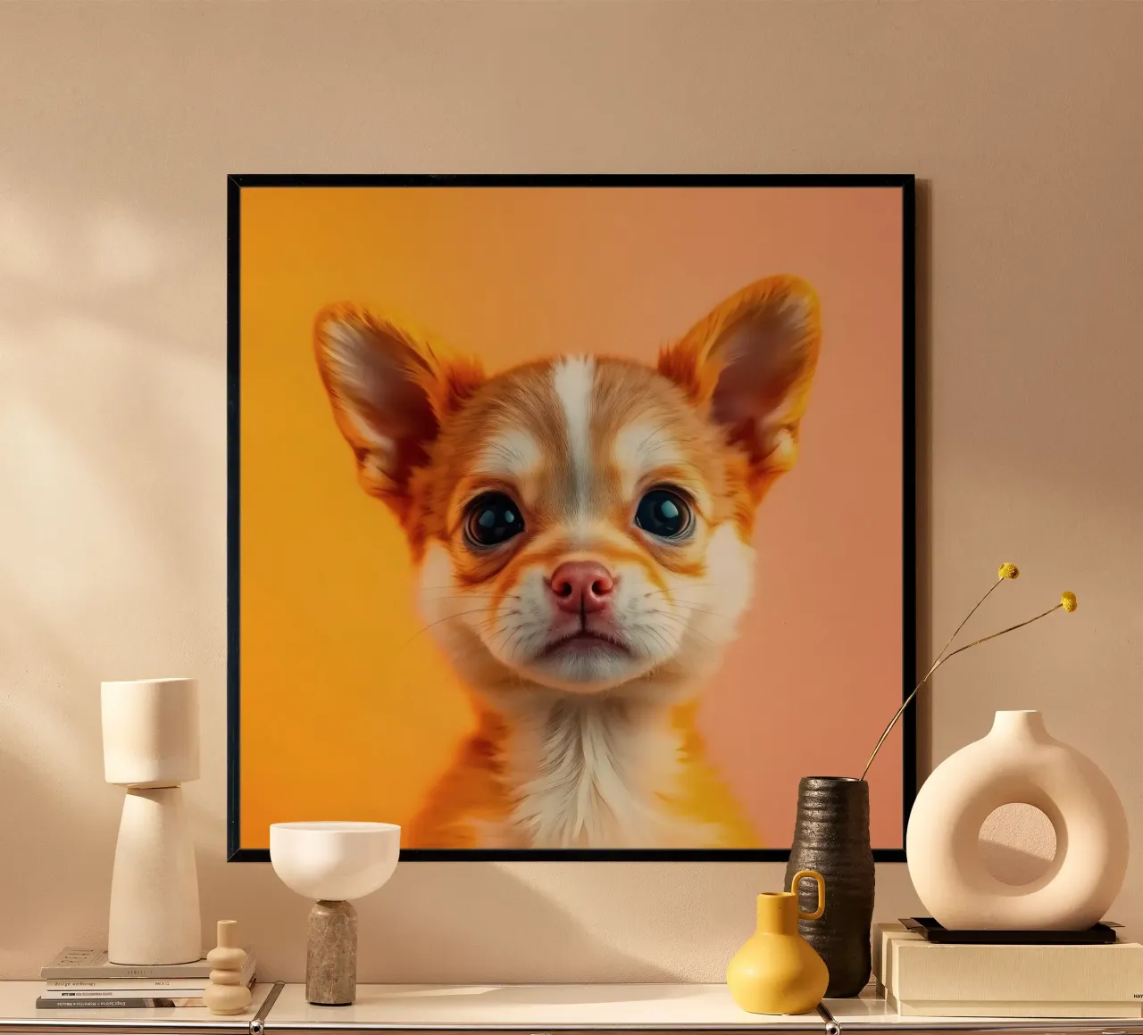 Un simpatico cucciolo di chihuahua con gli occhi grandi posa contro una vivace o poster con telaio in plastica da DesignDoodle