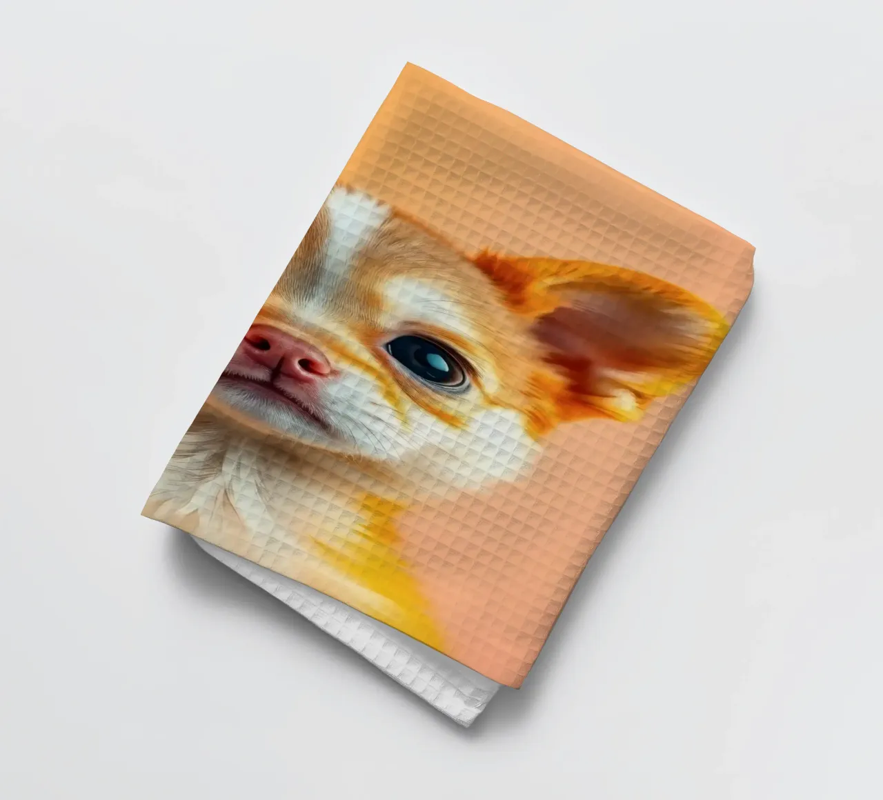 Un simpatico cucciolo di chihuahua con gli occhi grandi posa contro una vivace o canovaccio da cucina da DesignDoodle