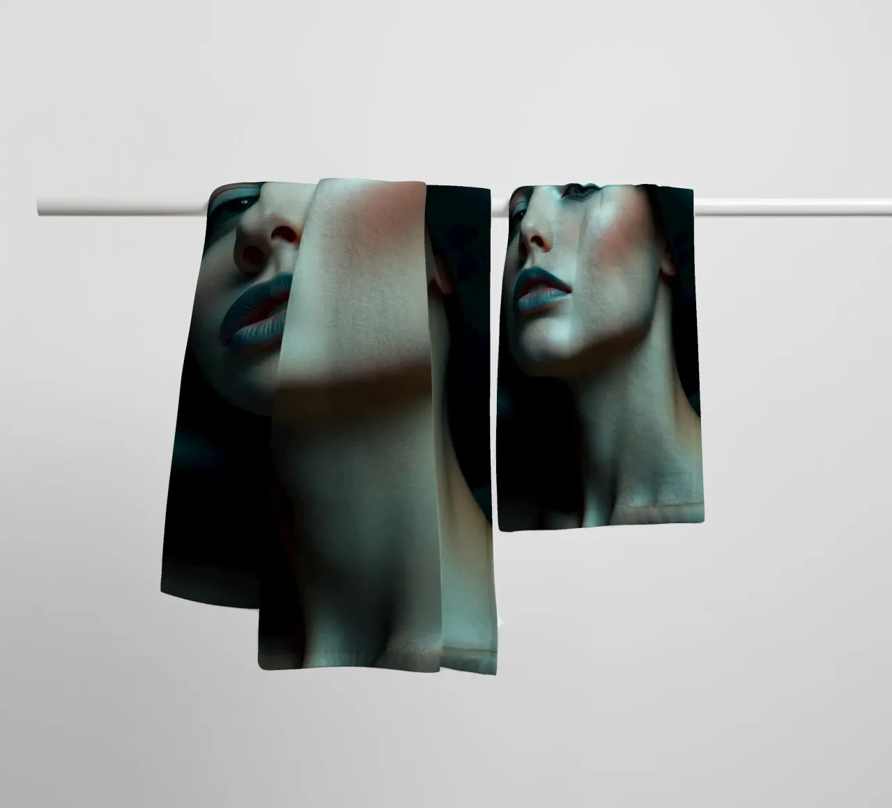 a woman with draped fabric creating an elegant look towel by DesignDoodle