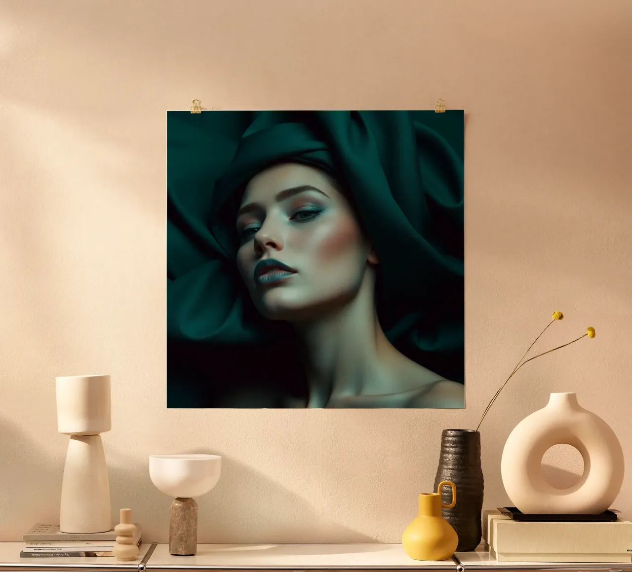 una donna con tessuto drappeggiato che crea un look elegante poster da DesignDoodle
