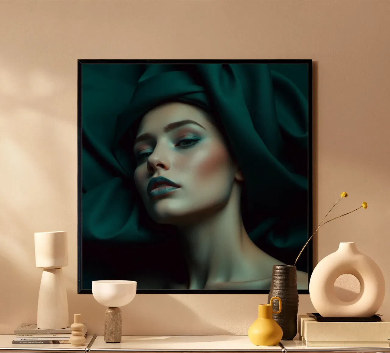 una donna con tessuto drappeggiato che crea un look elegante poster da DesignDoodle