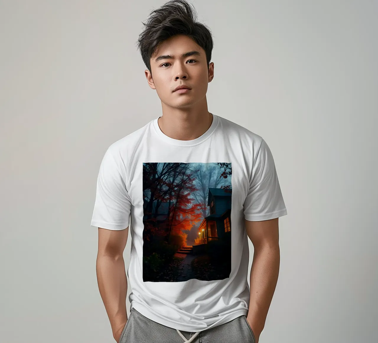 Una luce calda risplende da un'accogliente casa in una foresta nebbiosa durante il t-shirt da DesignDoodle