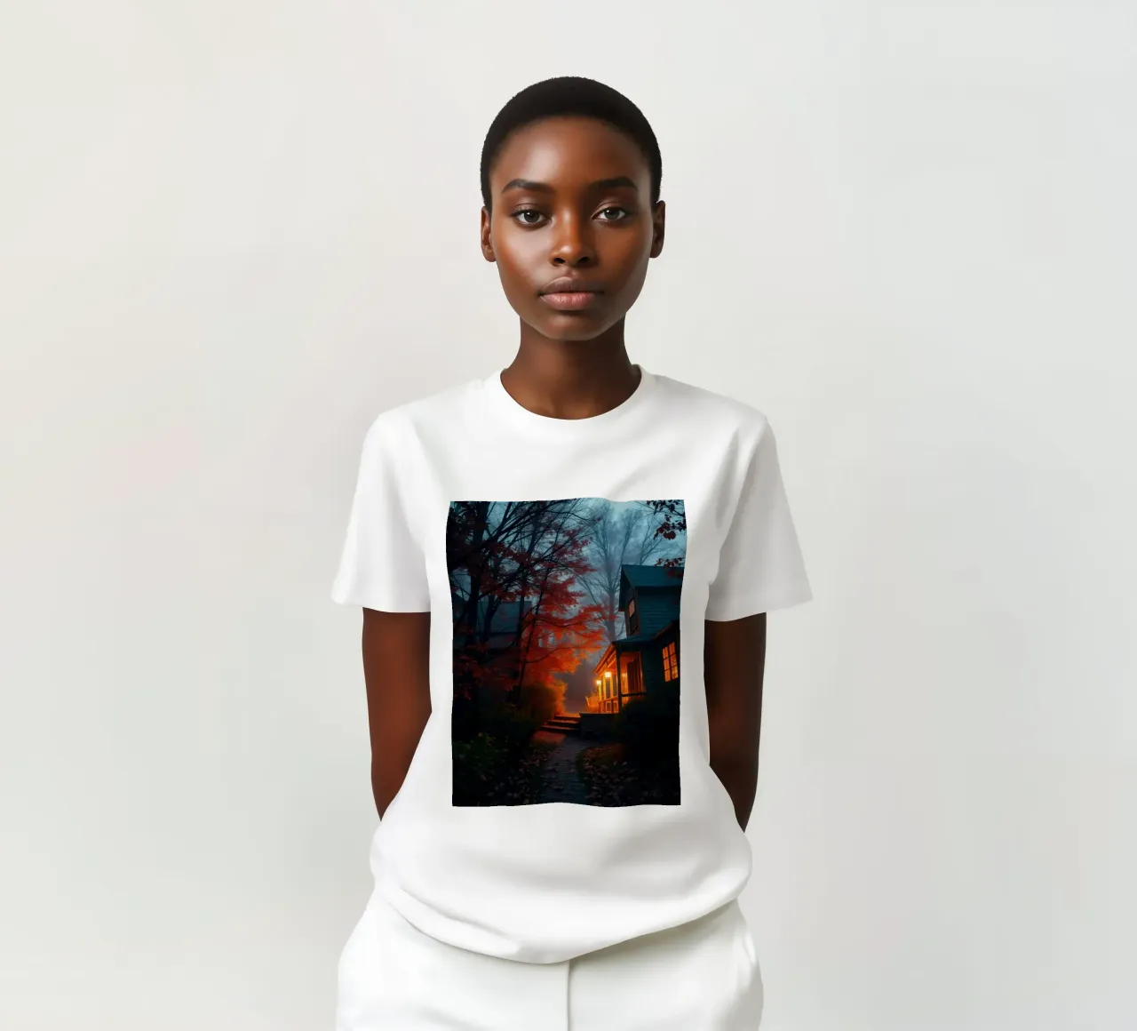 Una luce calda risplende da un'accogliente casa in una foresta nebbiosa durante il t-shirt da DesignDoodle