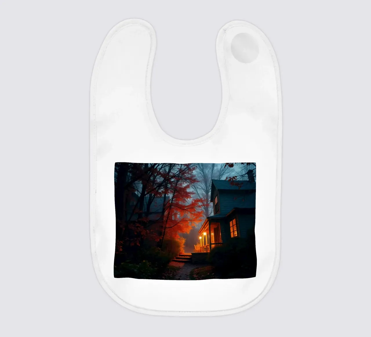Warm light glows from a cozy house in a misty forest during baby bib by DesignDoodle