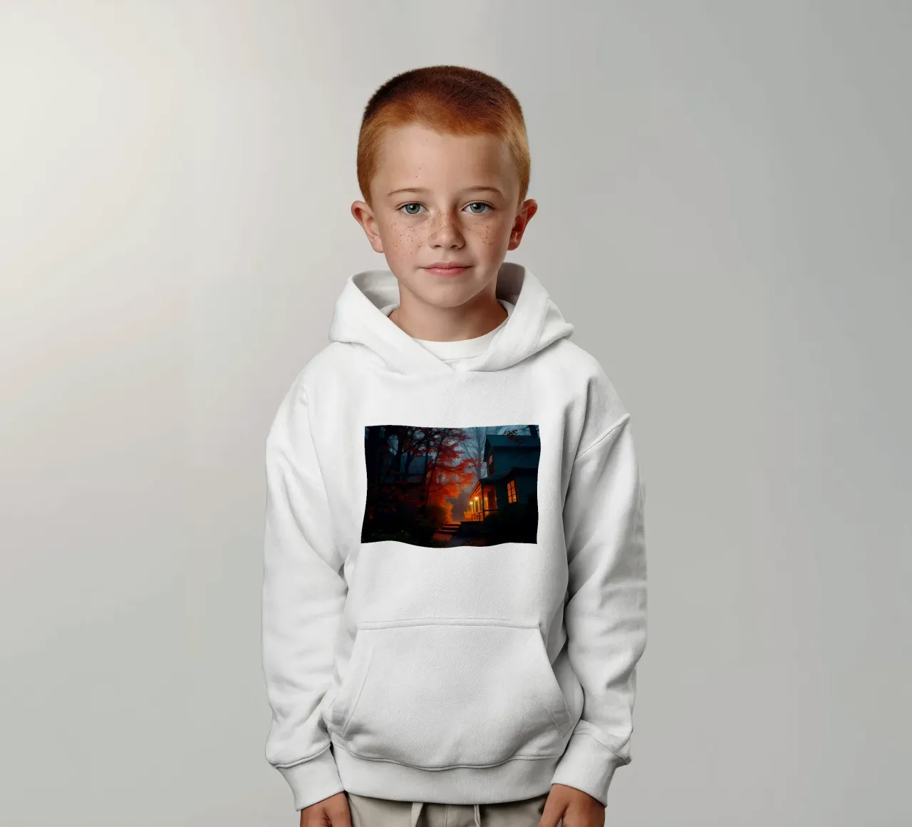 Warmes Licht leuchtet aus einem gemütlichen Haus in einem nebligen Wald während Kinder Hoodie von DesignDoodle