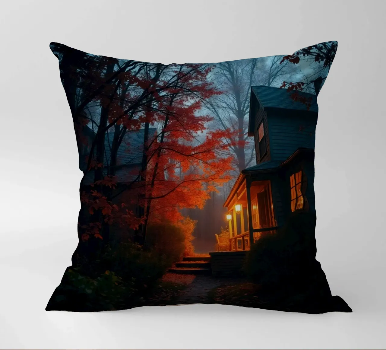 Una luce calda risplende da un'accogliente casa in una foresta nebbiosa durante il cuscino da DesignDoodle