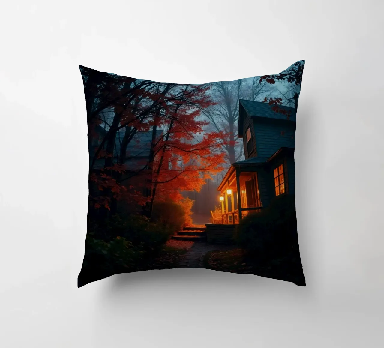 Una luce calda risplende da un'accogliente casa in una foresta nebbiosa durante il cuscino da DesignDoodle