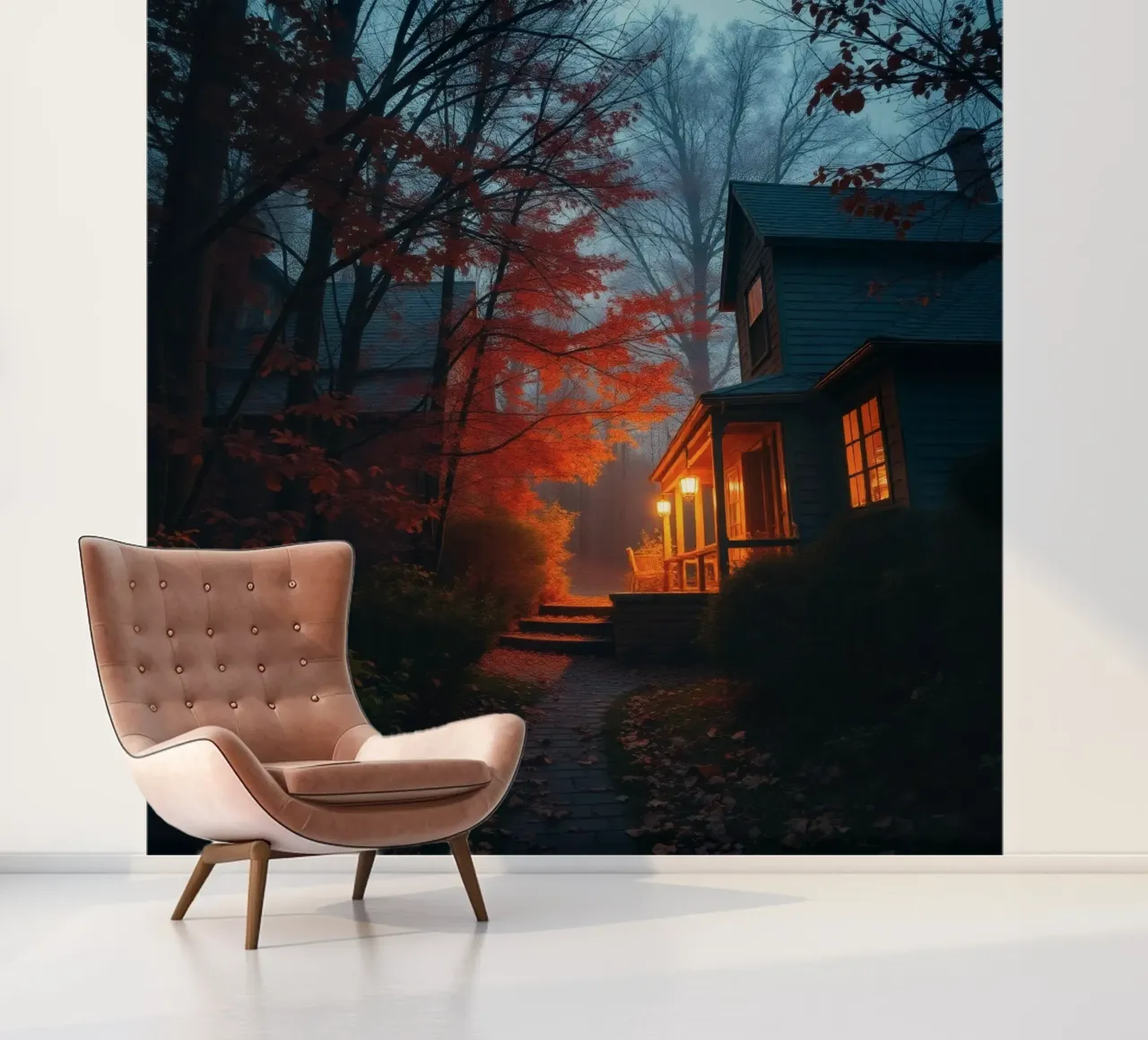 Une lumière chaude émane d'une maison confortable située dans une forêt brumeuse pendant la période de l'année. papier peint photo de DesignDoodle