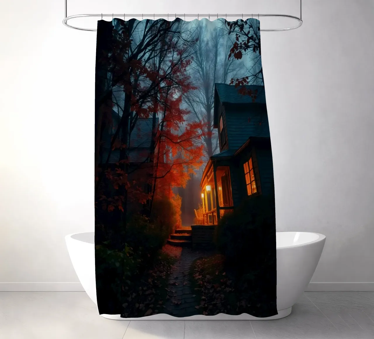 Warm light glows from a cozy house in a misty forest during shower curtain by DesignDoodle