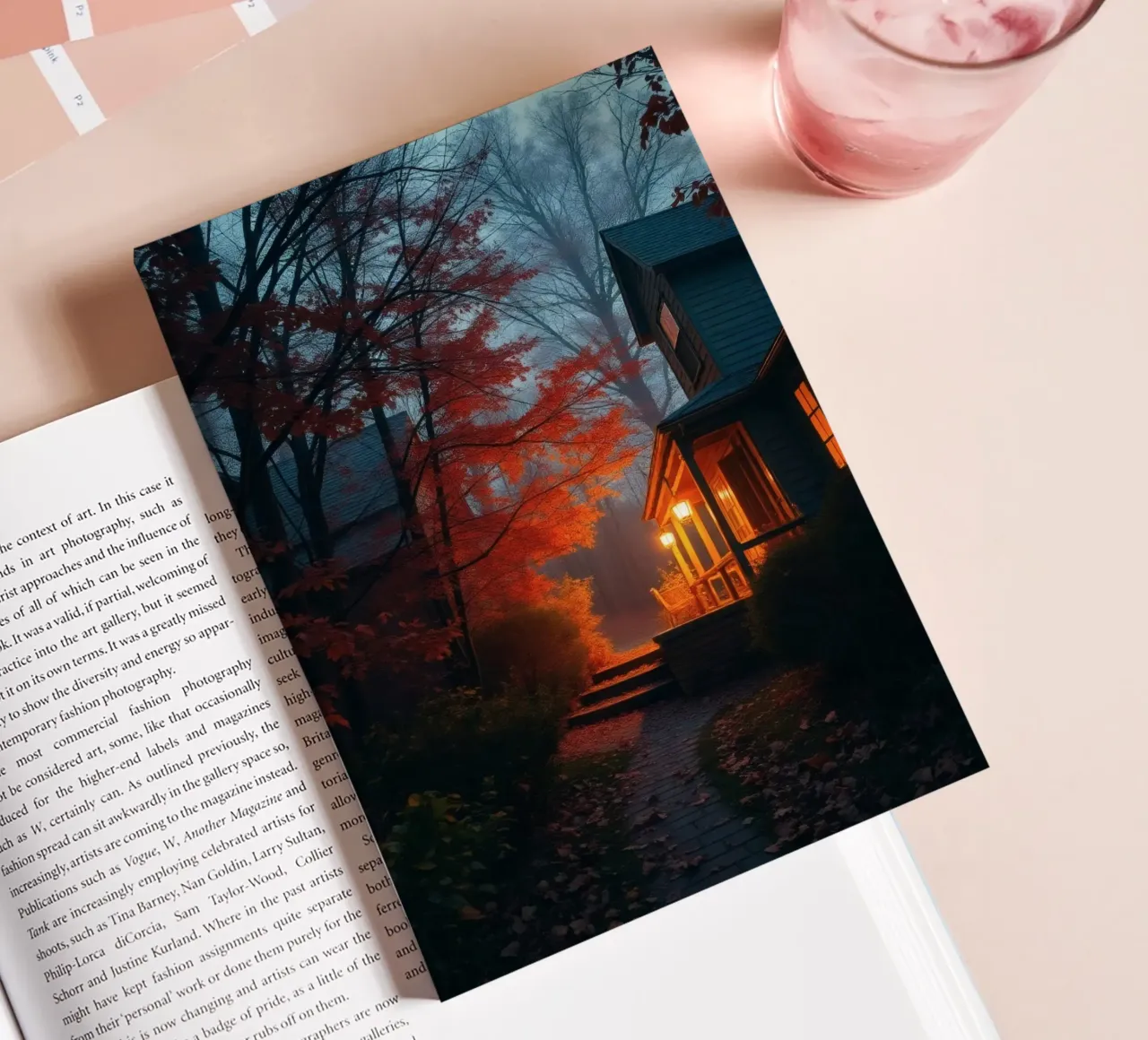 Warm light glows from a cozy house in a misty forest during notebook by DesignDoodle