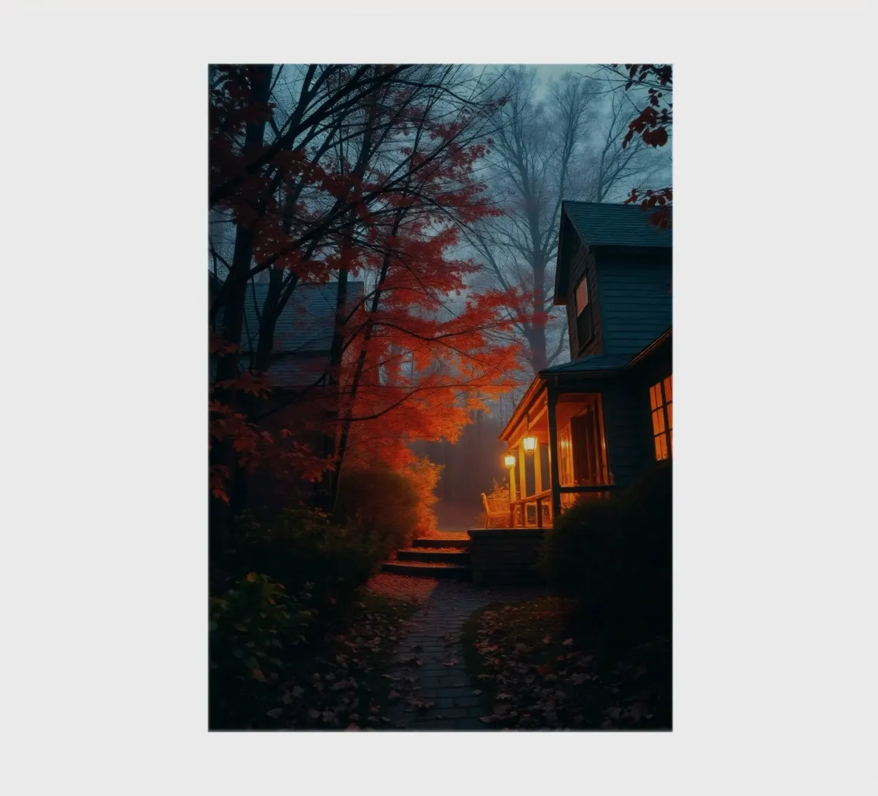 Warm light glows from a cozy house in a misty forest during notebook by DesignDoodle