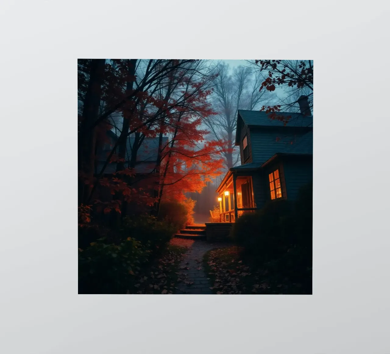 Warm light glows from a cozy house in a misty forest during sticker by DesignDoodle