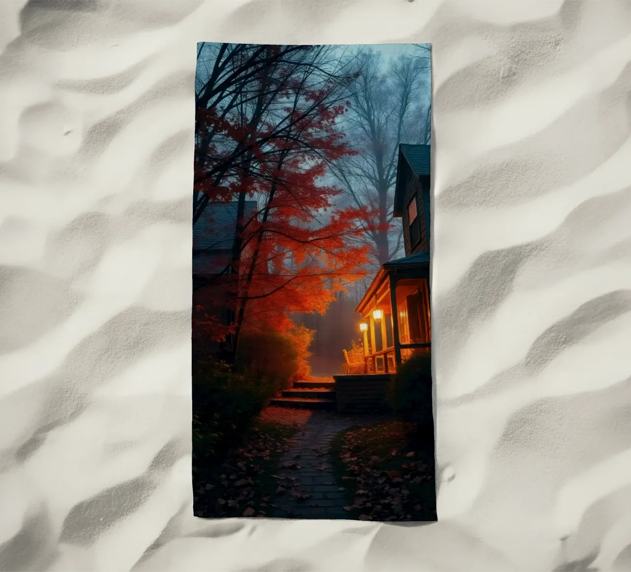 Una luce calda risplende da un'accogliente casa in una foresta nebbiosa durante il telo mare da DesignDoodle