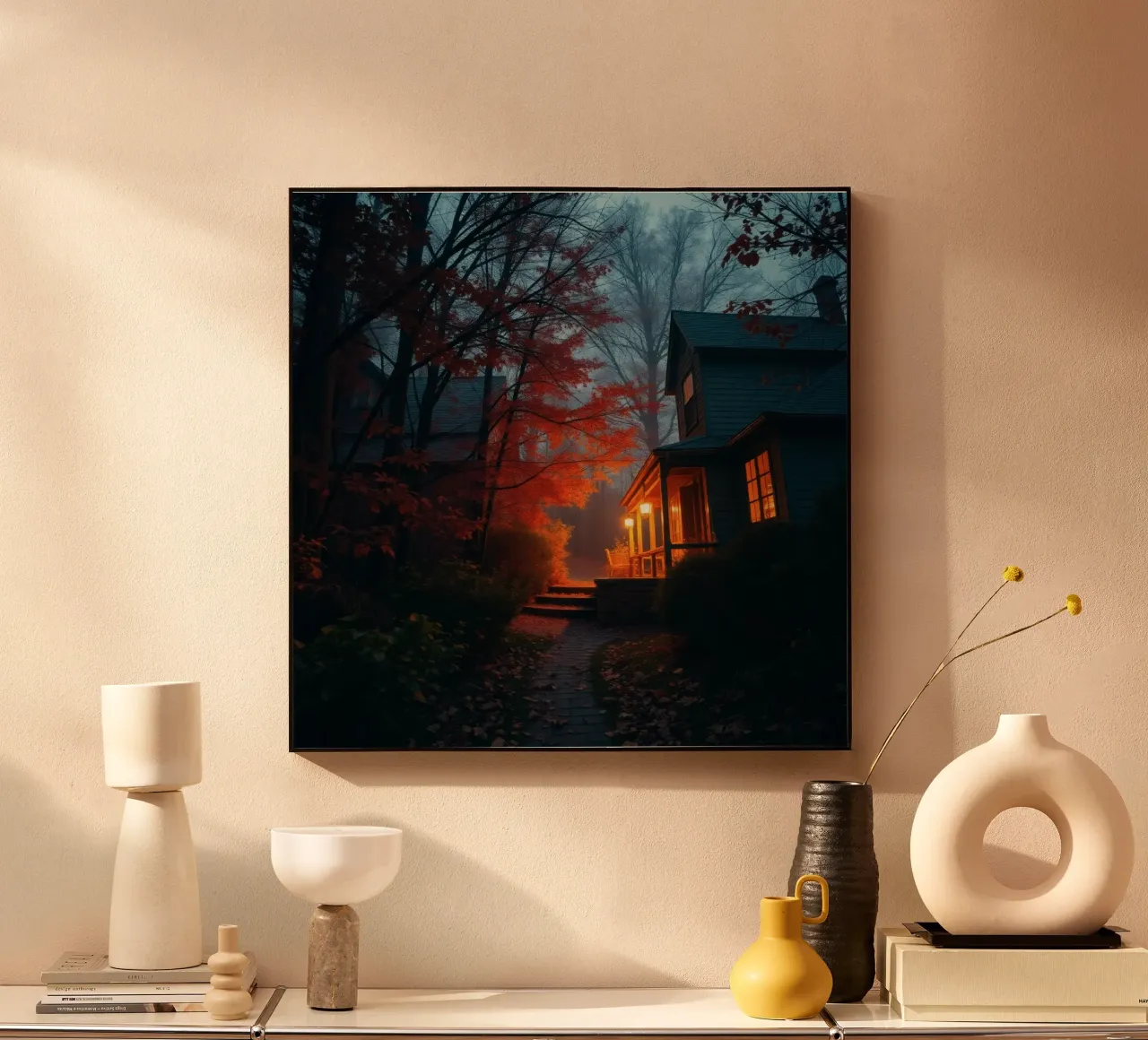 Una luce calda risplende da un'accogliente casa in una foresta nebbiosa durante il alluminio dibond da DesignDoodle