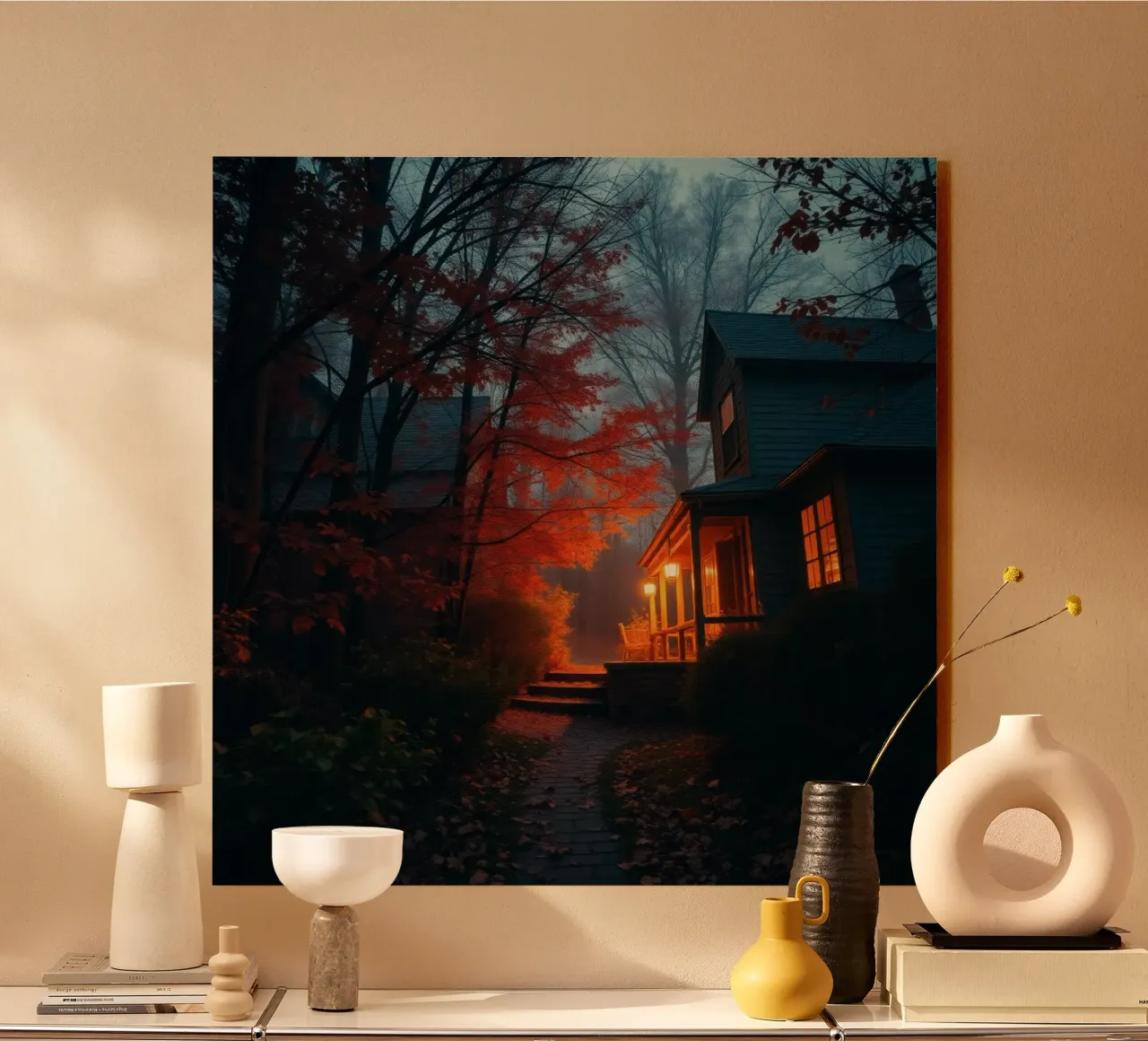 Una luce calda risplende da un'accogliente casa in una foresta nebbiosa durante il alluminio dibond da DesignDoodle