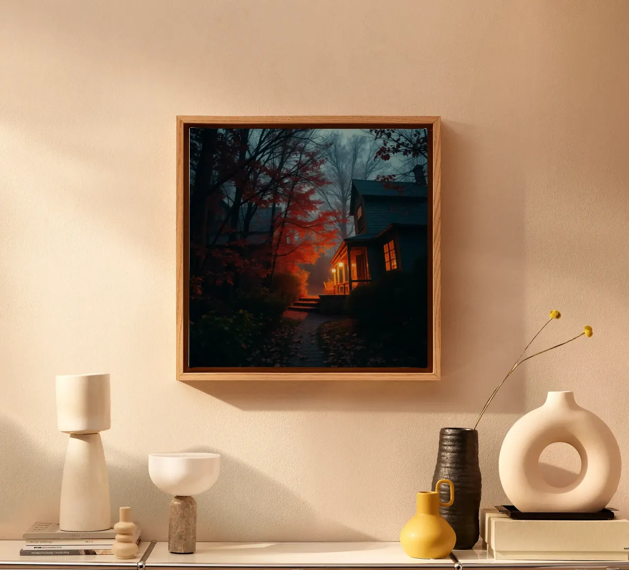 Warm light glows from a cozy house in a misty forest during canvas by DesignDoodle