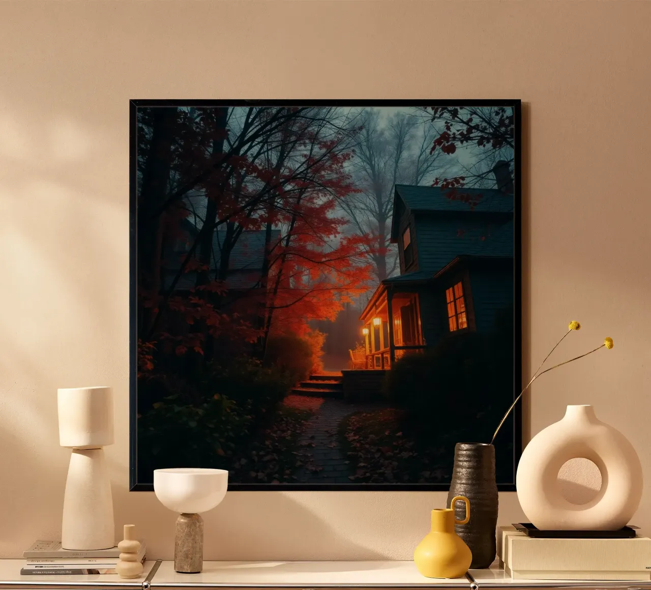 Una luce calda risplende da un'accogliente casa in una foresta nebbiosa durante il carta hahnemühle da DesignDoodle