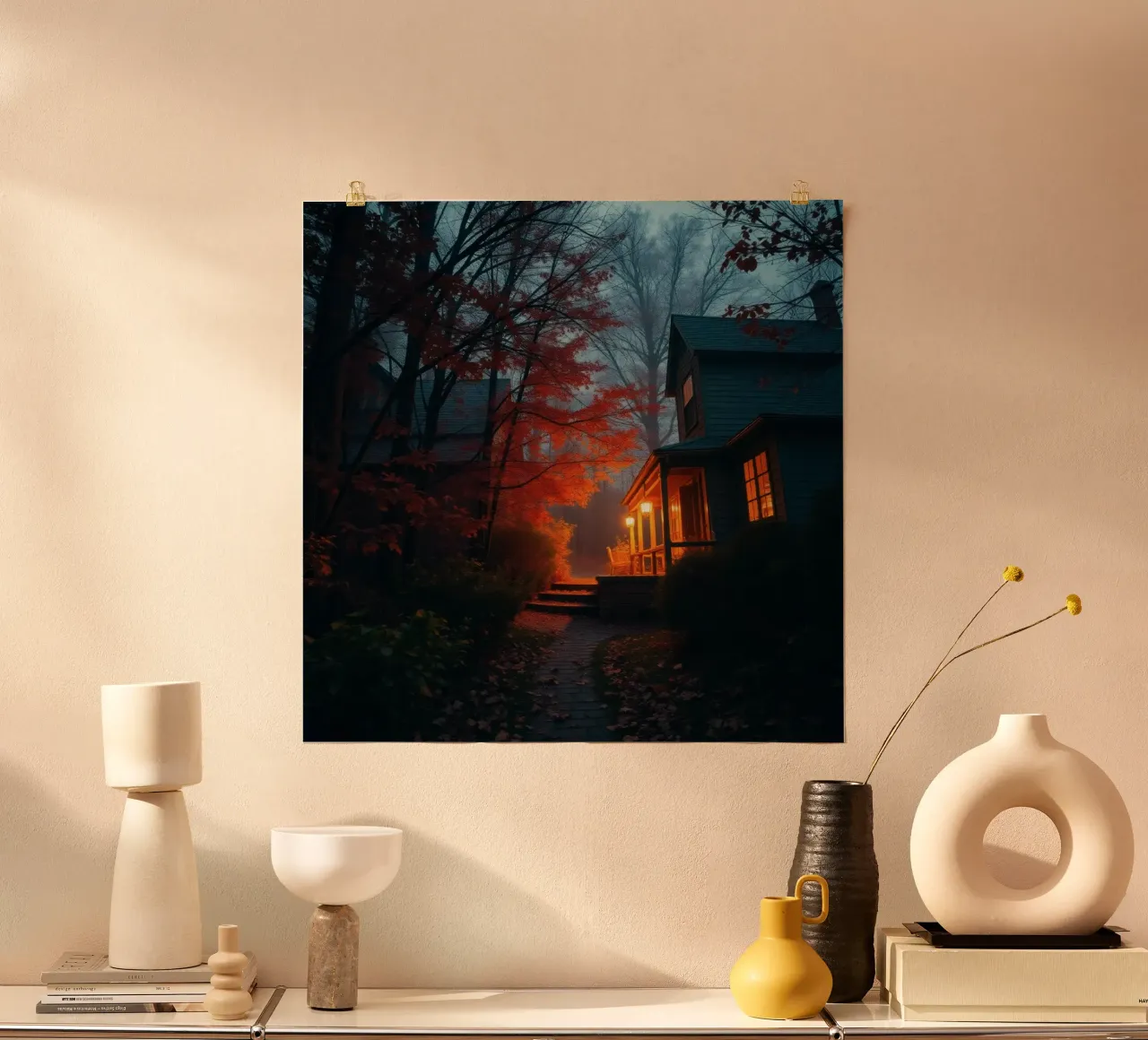 Una luce calda risplende da un'accogliente casa in una foresta nebbiosa durante il carta hahnemühle da DesignDoodle