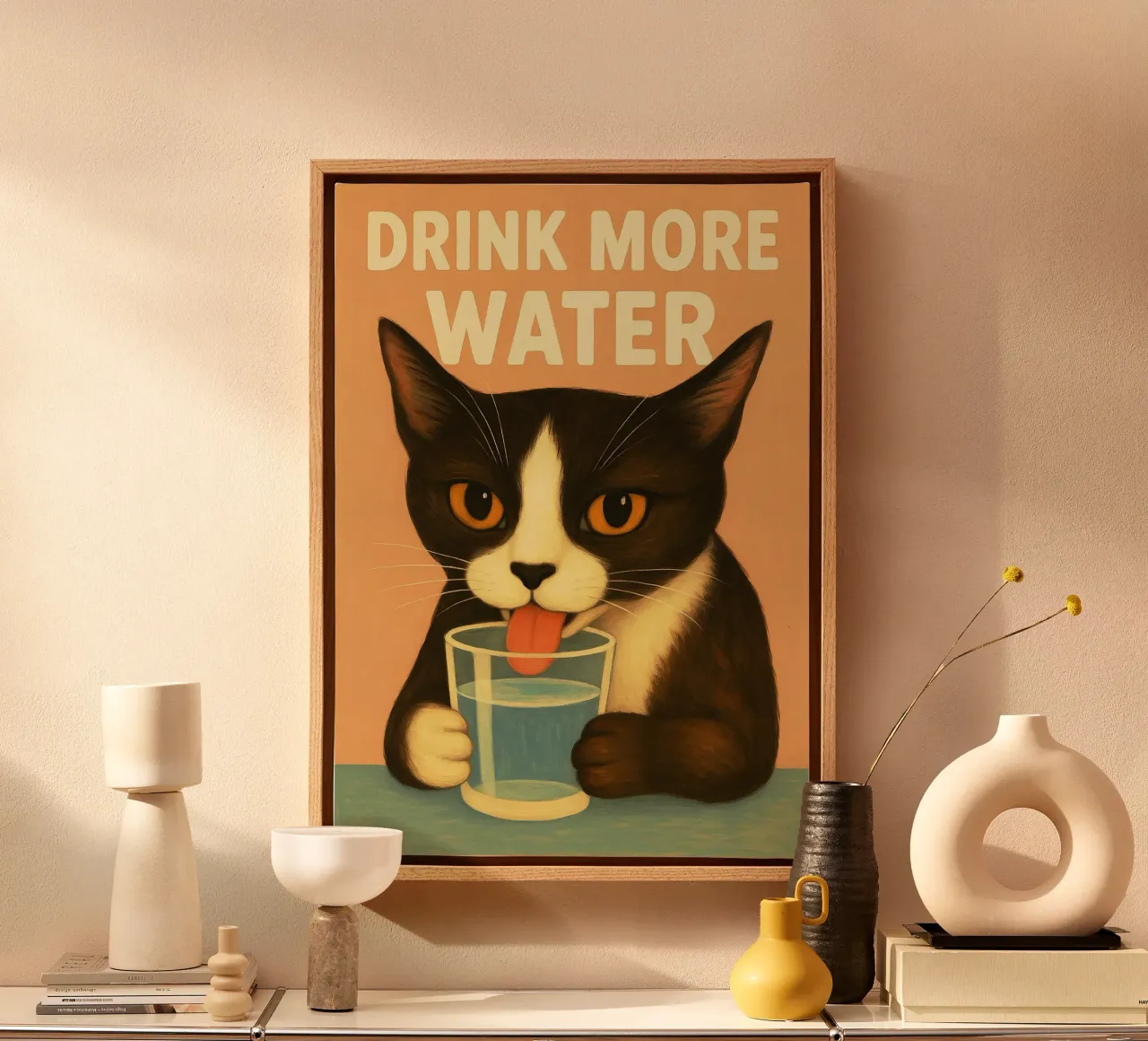 Bere più acqua Gatto tela con Cornice a cassetta da the gan gan