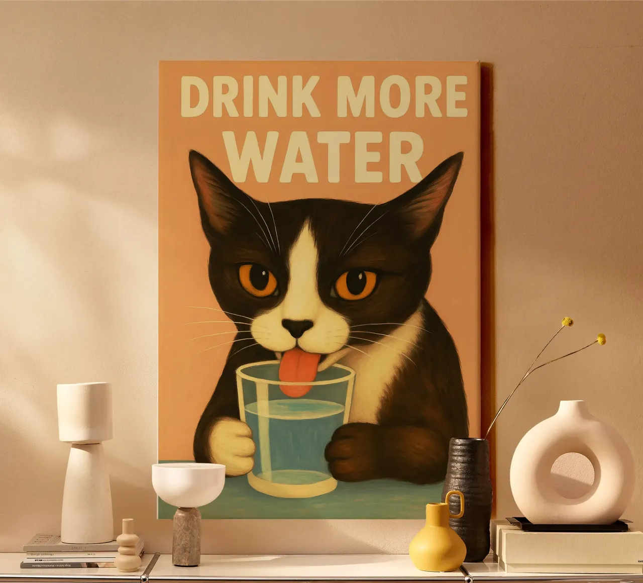 Bere più acqua Gatto tela con Cornice a cassetta da the gan gan