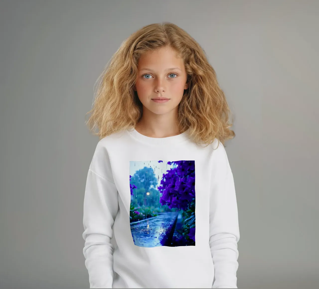 fiori viola circondati da gocce di pioggia, in una tranquilla felpa bambino da DesignDoodle