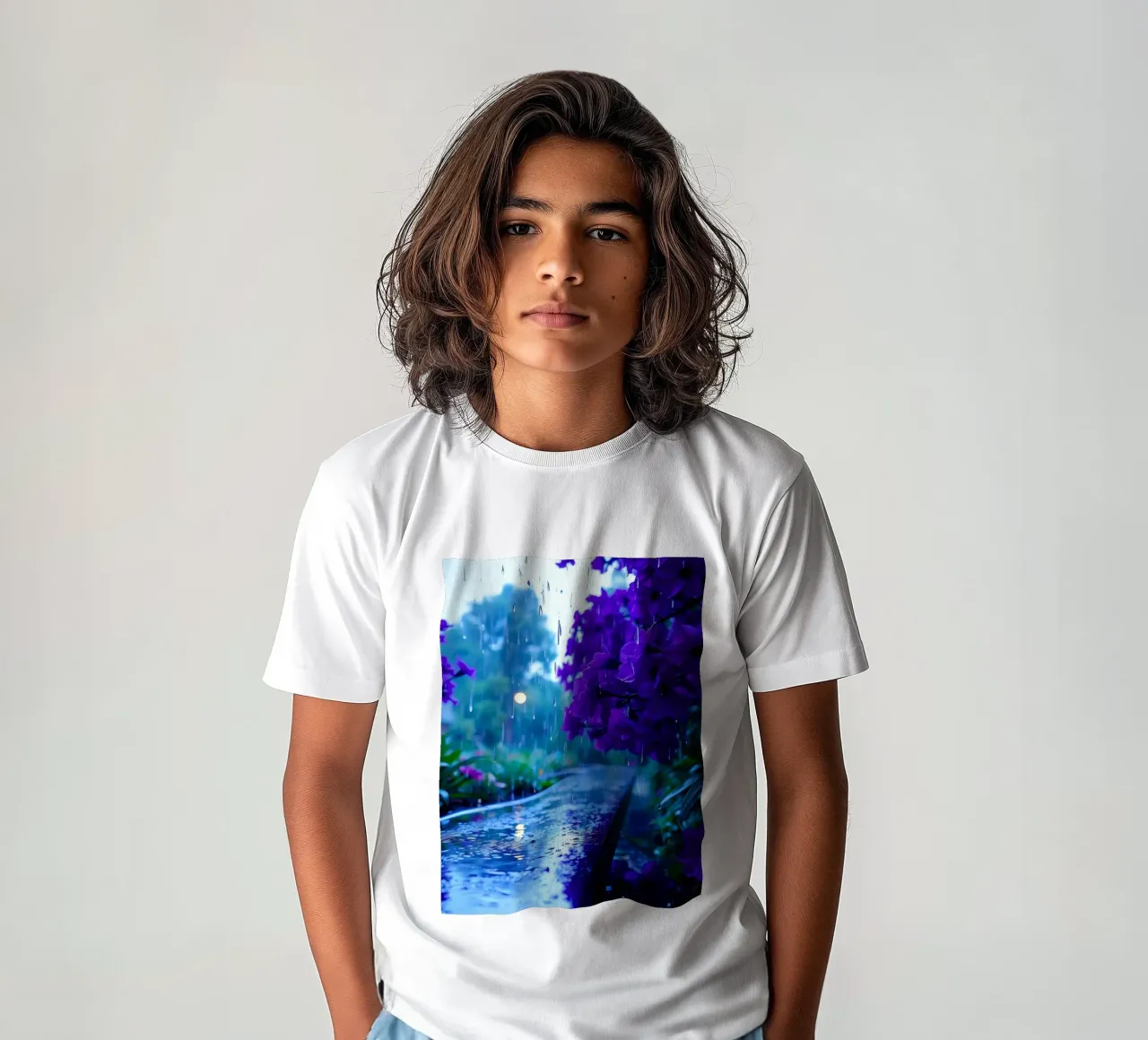 fiori viola circondati da gocce di pioggia, in una tranquilla t-shirt bambini da DesignDoodle