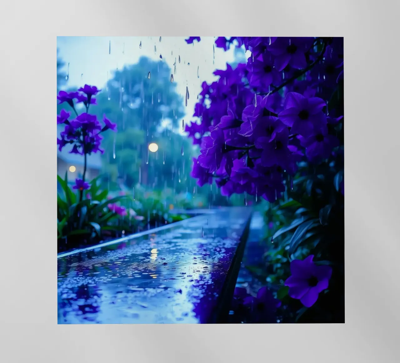 fiori viola circondati da gocce di pioggia, in una tranquilla pellicola backlit da DesignDoodle