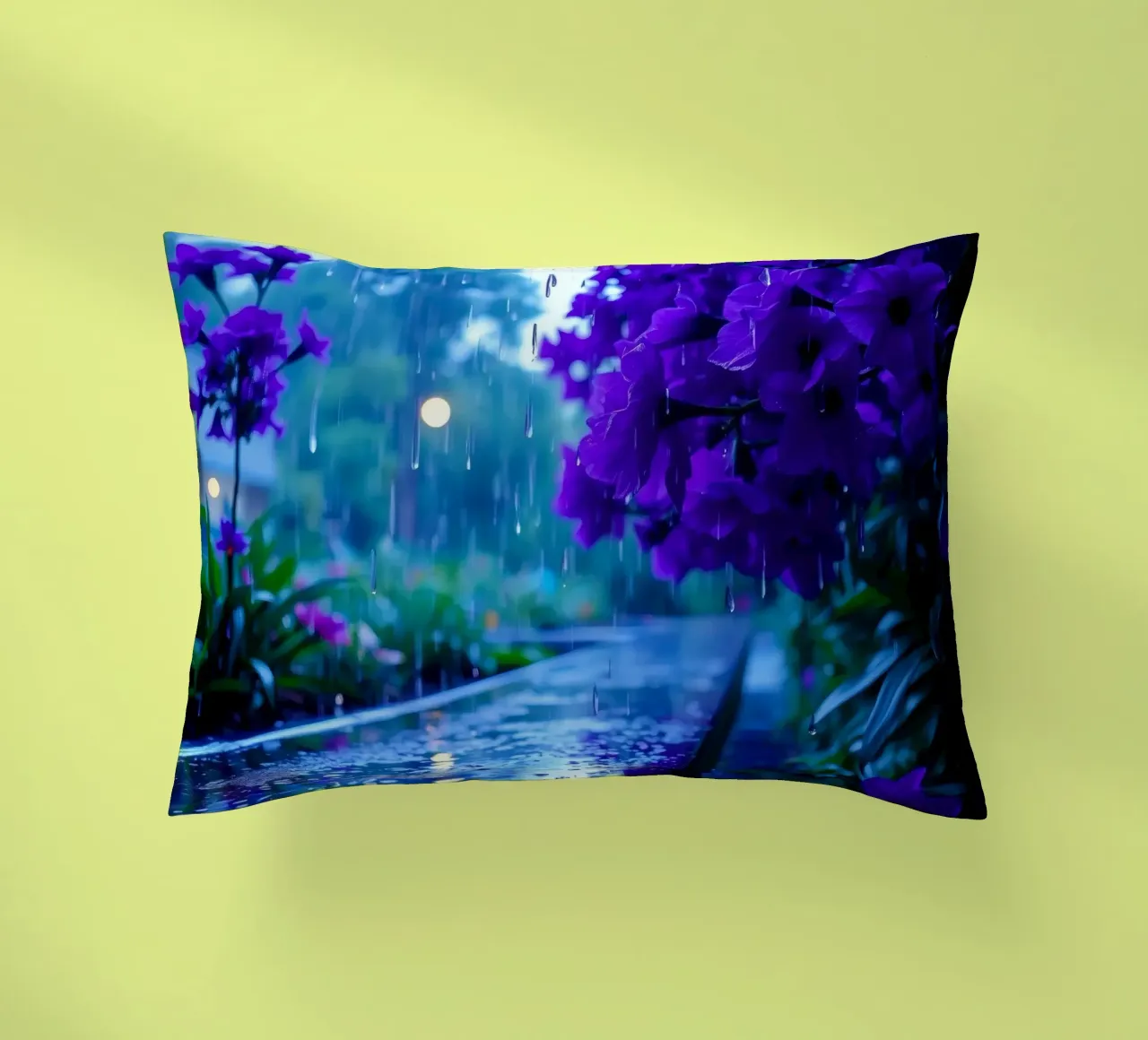 fiori viola circondati da gocce di pioggia, in una tranquilla cuscino da DesignDoodle