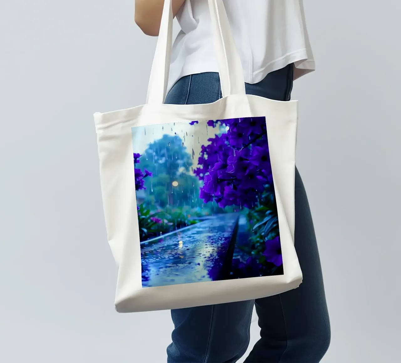 fiori viola circondati da gocce di pioggia, in una tranquilla borsa in juta da DesignDoodle